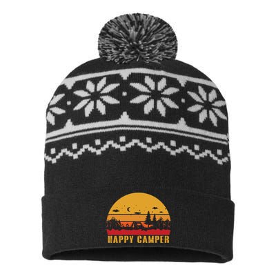 Happy Camper Retro Sunset Camping USA-Made Snowflake Beanie