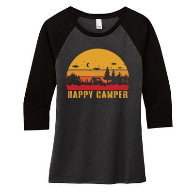 Happy Camper Retro Sunset Camping Women's Tri-Blend 3/4-Sleeve Raglan Shirt