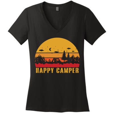 Happy Camper Retro Sunset Camping Women's V-Neck T-Shirt