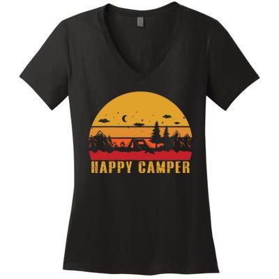 Happy Camper Retro Sunset Camping Women's V-Neck T-Shirt