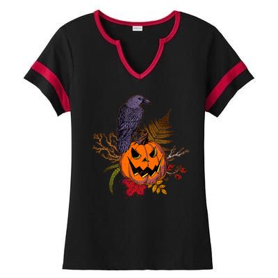 Halloween Crow Raven Pumpkin Fall Autumn Lover Ladies Halftime Notch Neck Tee