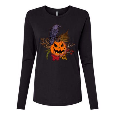 Halloween Crow Raven Pumpkin Fall Autumn Lover Womens Cotton Relaxed Long Sleeve T-Shirt