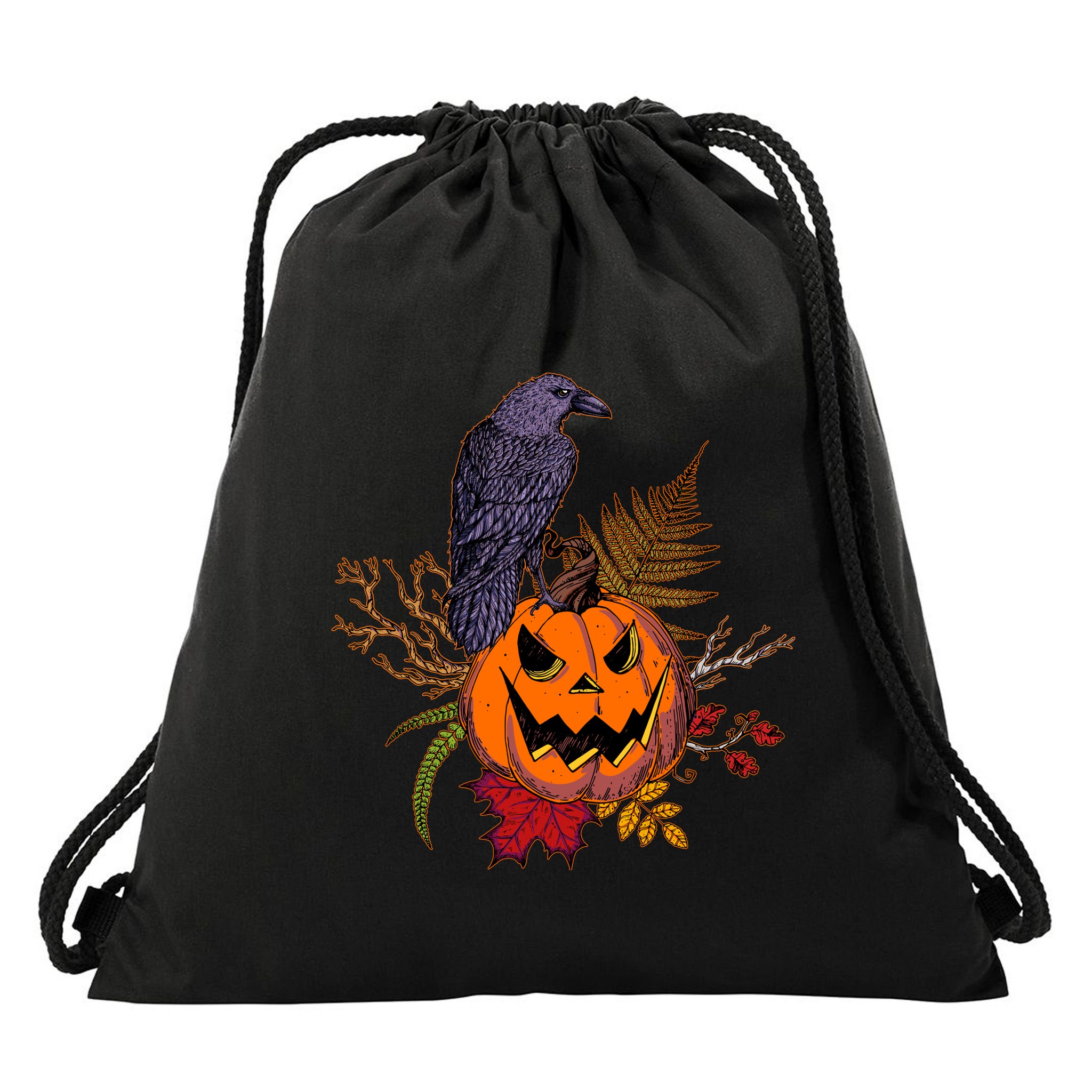 Halloween Crow Raven Pumpkin Fall Autumn Lover Drawstring Bag