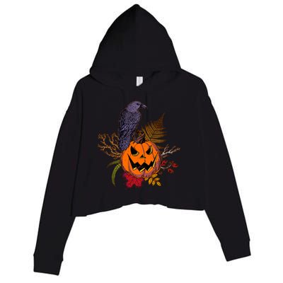 Halloween Crow Raven Pumpkin Fall Autumn Lover Crop Fleece Hoodie