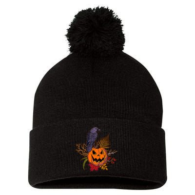 Halloween Crow Raven Pumpkin Fall Autumn Lover Pom Pom 12in Knit Beanie