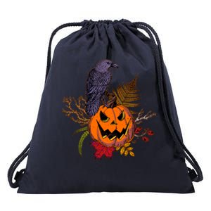 Halloween Crow Raven Pumpkin Fall Autumn Lover Drawstring Bag