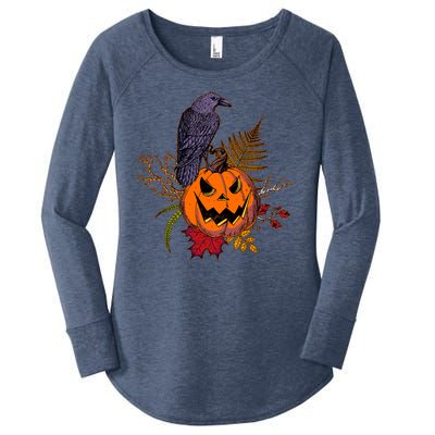 Halloween Crow Raven Pumpkin Fall Autumn Lover Women's Perfect Tri Tunic Long Sleeve Shirt