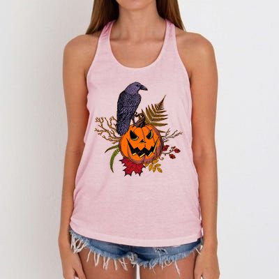 Halloween Crow Raven Pumpkin Fall Autumn Lover Women's Knotted Racerback Tank