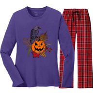 Halloween Crow Raven Pumpkin Fall Autumn Lover Women's Long Sleeve Flannel Pajama Set 