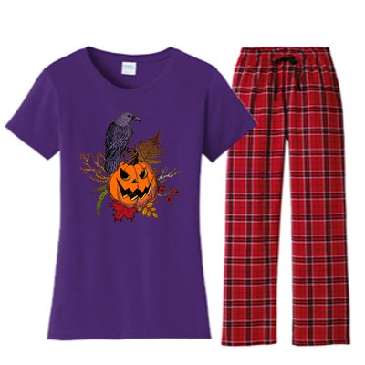 Halloween Crow Raven Pumpkin Fall Autumn Lover Women's Flannel Pajama Set