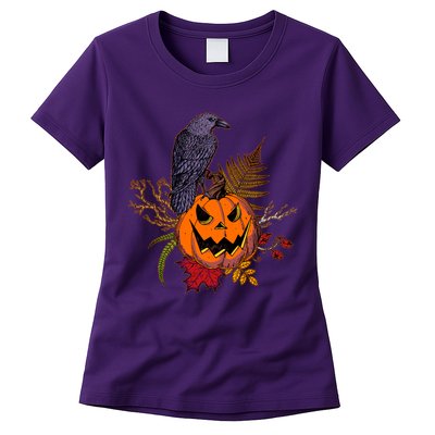Halloween Crow Raven Pumpkin Fall Autumn Lover Womens T-Shirt