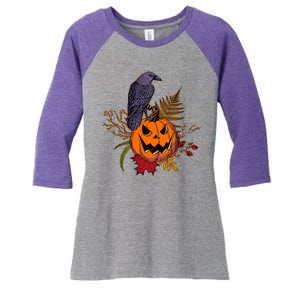 Halloween Crow Raven Pumpkin Fall Autumn Lover Women's Tri-Blend 3/4-Sleeve Raglan Shirt