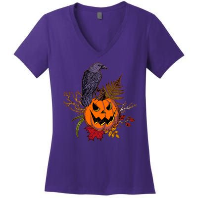 Halloween Crow Raven Pumpkin Fall Autumn Lover Women's V-Neck T-Shirt