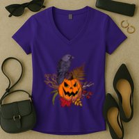 Halloween Crow Raven Pumpkin Fall Autumn Lover Women's V-Neck T-Shirt