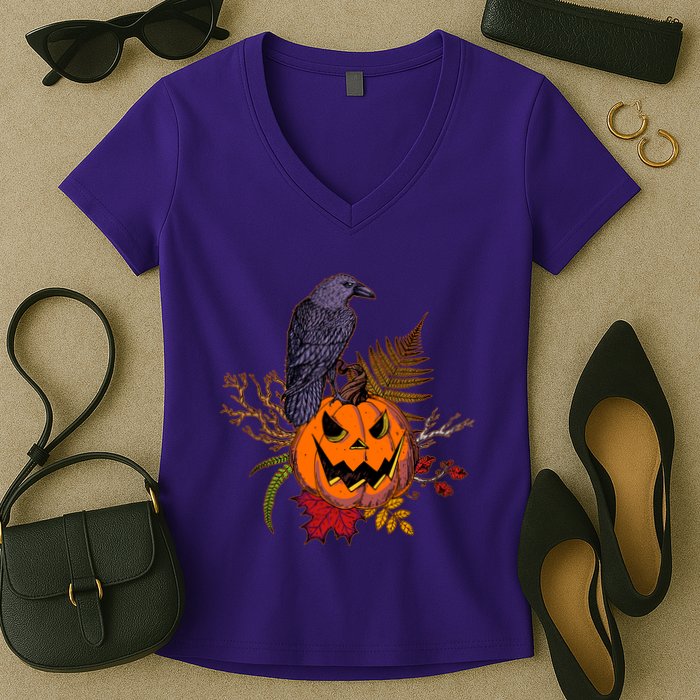 Halloween Crow Raven Pumpkin Fall Autumn Lover Women's V-Neck T-Shirt