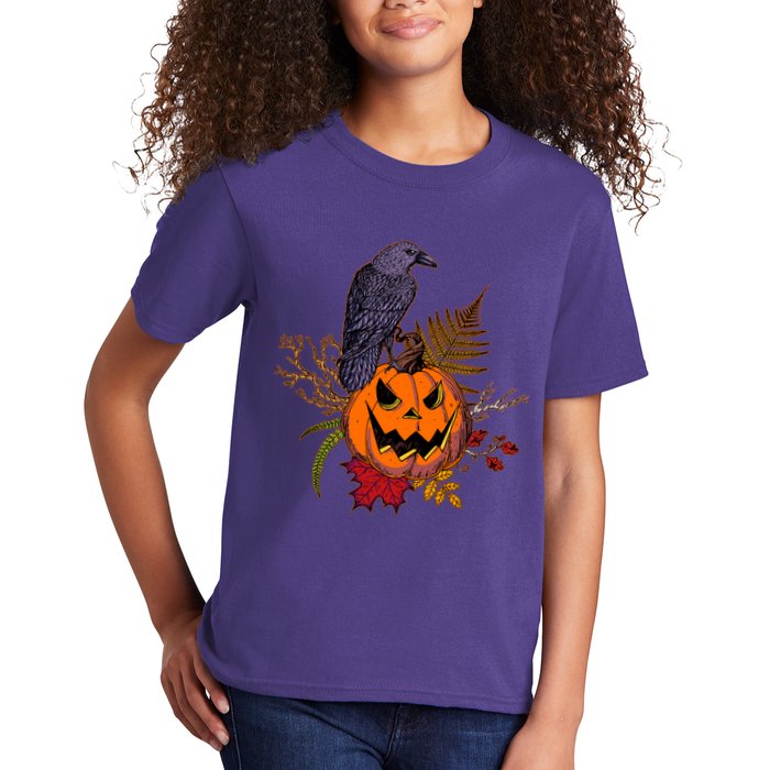 Halloween Crow Raven Pumpkin Fall Autumn Lover Kids T-Shirt