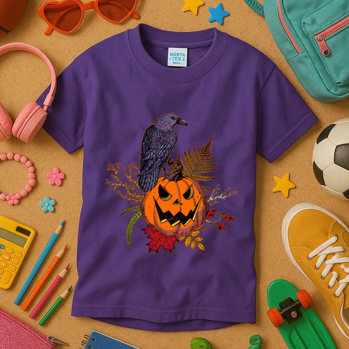 Halloween Crow Raven Pumpkin Fall Autumn Lover Kids T-Shirt
