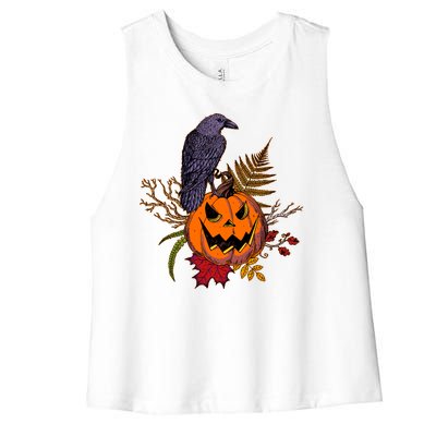 Halloween Crow Raven Pumpkin Fall Autumn Lover Women's Racerback Cropped Tank