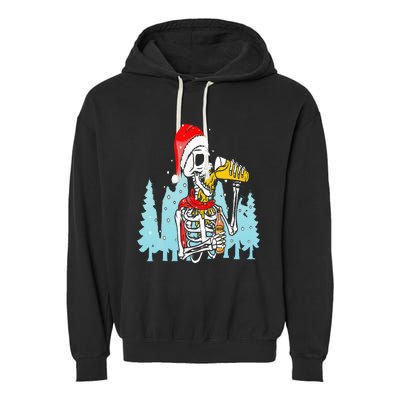 Happy Christmas Skeleton Drinking Beer Drinker Garment-Dyed Fleece Hoodie