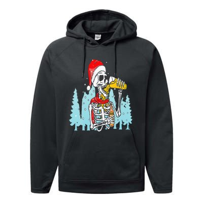 Happy Christmas Skeleton Drinking Beer Drinker Performance Fleece Hoodie