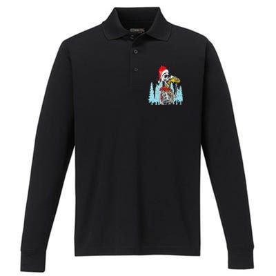 Happy Christmas Skeleton Drinking Beer Drinker Performance Long Sleeve Polo