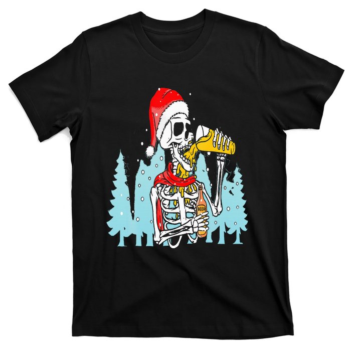 Happy Christmas Skeleton Drinking Beer Drinker T-Shirt