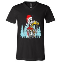 Happy Christmas Skeleton Drinking Beer Drinker V-Neck T-Shirt