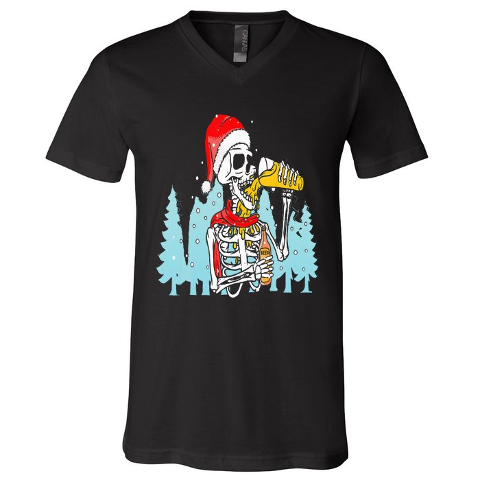 Happy Christmas Skeleton Drinking Beer Drinker V-Neck T-Shirt