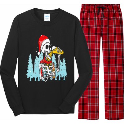 Happy Christmas Skeleton Drinking Beer Drinker Long Sleeve Pajama Set