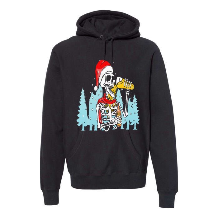 Happy Christmas Skeleton Drinking Beer Drinker Premium Hoodie