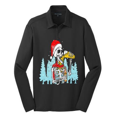 Happy Christmas Skeleton Drinking Beer Drinker Silk Touch Performance Long Sleeve Polo