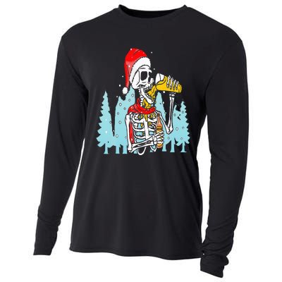 Happy Christmas Skeleton Drinking Beer Drinker Cooling Performance Long Sleeve Crew