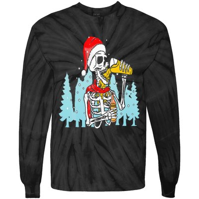 Happy Christmas Skeleton Drinking Beer Drinker Tie-Dye Long Sleeve Shirt