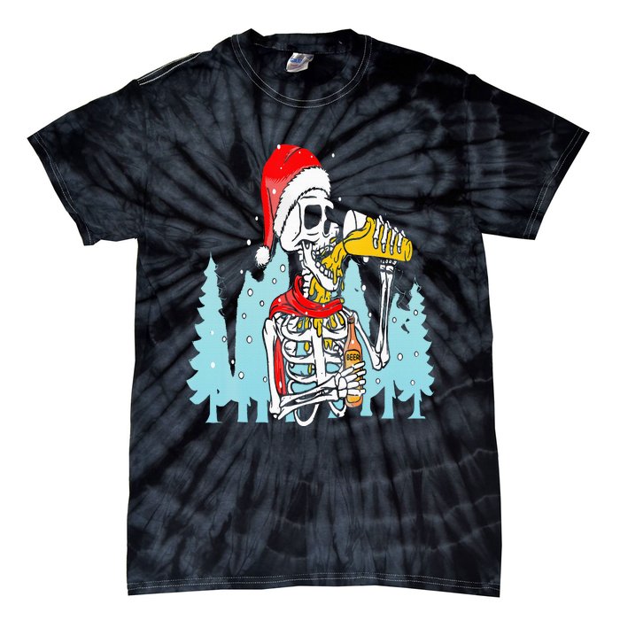 Happy Christmas Skeleton Drinking Beer Drinker Tie-Dye T-Shirt