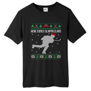 Here Comes Slappa Claus Slap Shot Ice Hockey Ugly Christmas Funny Gift Tall Fusion ChromaSoft Performance T-Shirt