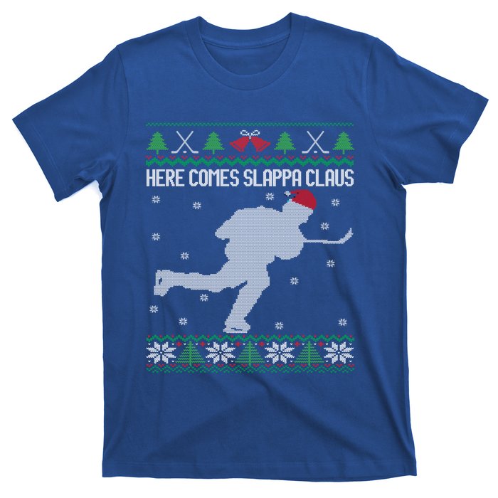 Here Comes Slappa Claus Slap Shot Ice Hockey Ugly Christmas Funny Gift T-Shirt