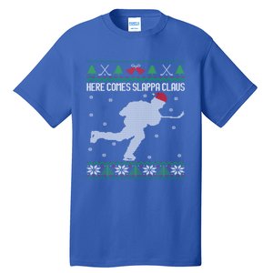 Here Comes Slappa Claus Slap Shot Ice Hockey Ugly Christmas Funny Gift Tall T-Shirt