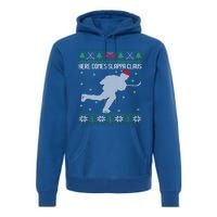 Here Comes Slappa Claus Slap Shot Ice Hockey Ugly Christmas Funny Gift Premium Hoodie