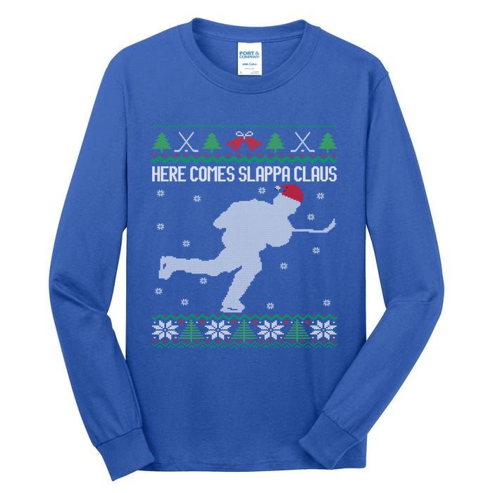 Here Comes Slappa Claus Slap Shot Ice Hockey Ugly Christmas Funny Gift Tall Long Sleeve T-Shirt