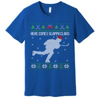 Here Comes Slappa Claus Slap Shot Ice Hockey Ugly Christmas Funny Gift Premium T-Shirt