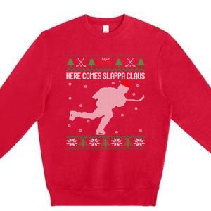 Here Comes Slappa Claus Slap Shot Ice Hockey Ugly Christmas Funny Gift Premium Crewneck Sweatshirt