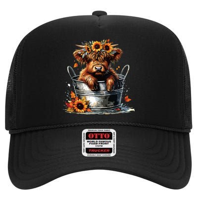 Highland Cow Sunflower Its Fall Yall Farming Fall Vibes High Crown Mesh Back Trucker Hat