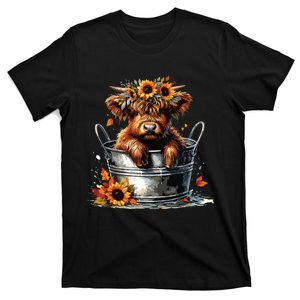 Highland Cow Sunflower Its Fall Yall Farming Fall Vibes T-Shirt