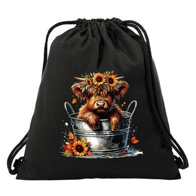 Highland Cow Sunflower Its Fall Yall Farming Fall Vibes Drawstring Bag