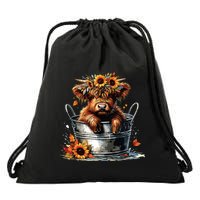 Highland Cow Sunflower Its Fall Yall Farming Fall Vibes Drawstring Bag