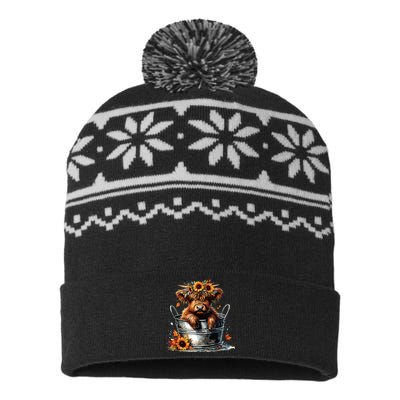 Highland Cow Sunflower Its Fall Yall Farming Fall Vibes USA-Made Snowflake Beanie