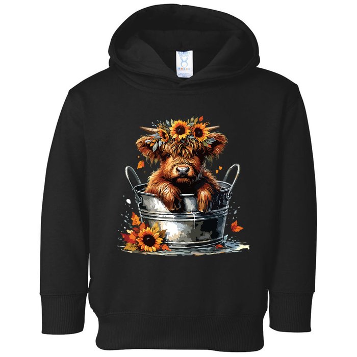 Highland Cow Sunflower Its Fall Yall Farming Fall Vibes Toddler Hoodie