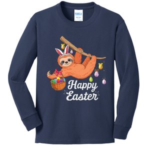 Happy Cute Sloth With Bunny Ears Egg Hunting Easter Sloth Kids Long Sleeve Shirt