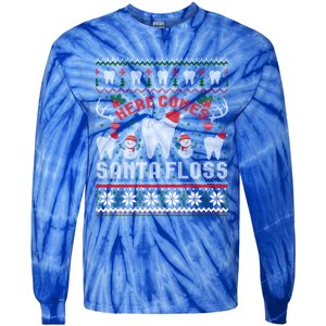 Here Comes Santa Floss Dentist Christmas Ugly Sweater Cute Gift Tie-Dye Long Sleeve Shirt