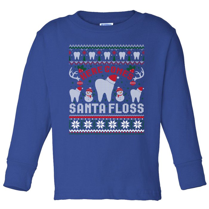 Here Comes Santa Floss Dentist Christmas Ugly Sweater Cute Gift Toddler Long Sleeve Shirt